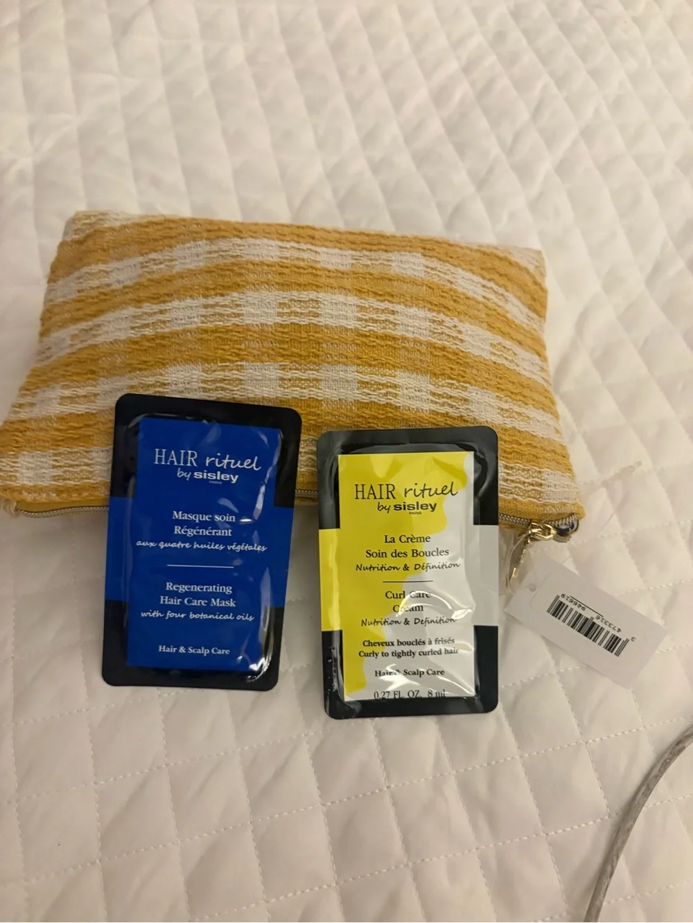 Sisley Yellow & White Striped Cosmetic Pouch with Hair Rituel Sachets
